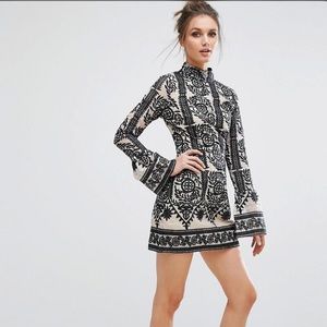 Black Lace High Neck Frill Sleeve Shift